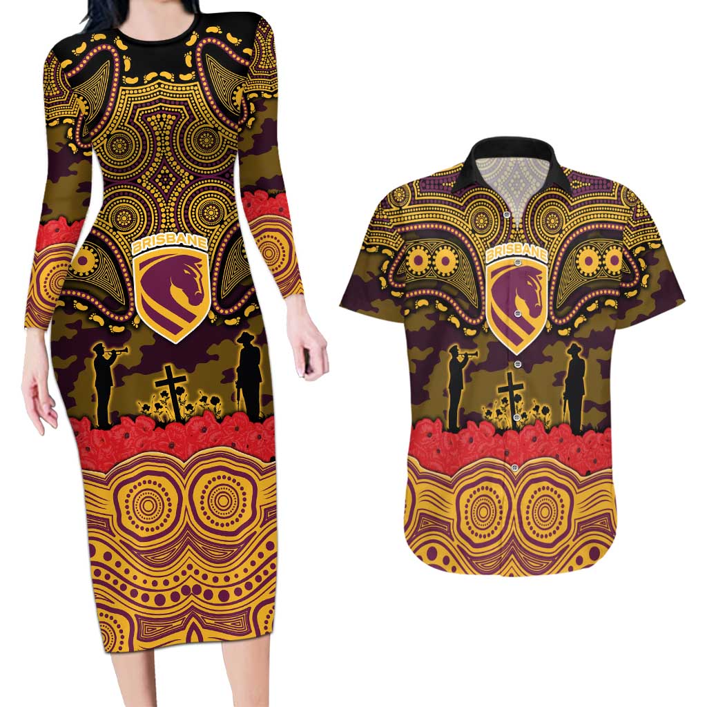 ANZAC Day Brisbane Broncos Couples Matching Long Sleeve Bodycon Dress and Hawaiian Shirt Military Memorial Aboriginal Indigenous Art