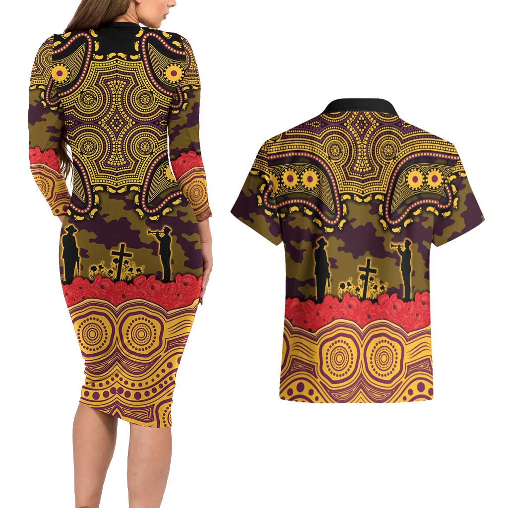 ANZAC Day Brisbane Broncos Couples Matching Long Sleeve Bodycon Dress and Hawaiian Shirt Military Memorial Aboriginal Indigenous Art