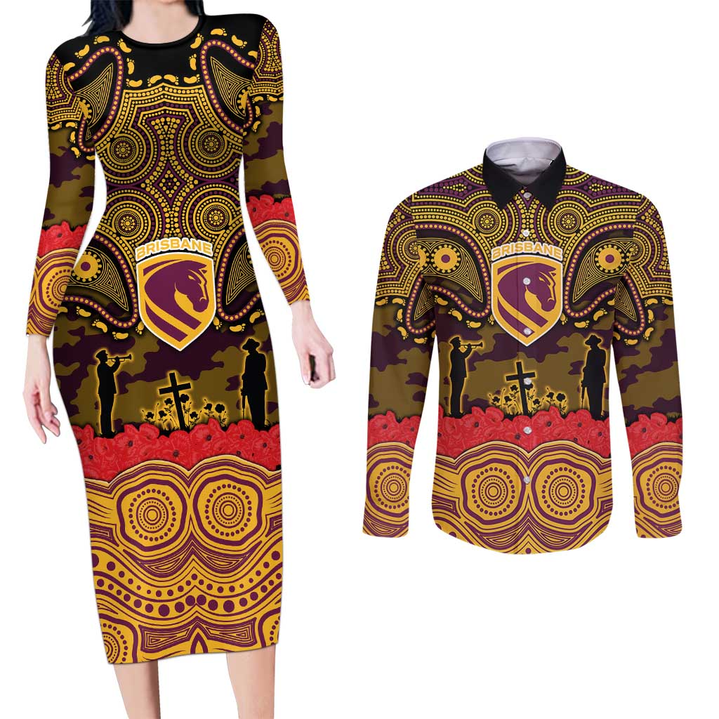 ANZAC Day Brisbane Broncos Couples Matching Long Sleeve Bodycon Dress and Long Sleeve Button Shirt Military Memorial Aboriginal Indigenous Art