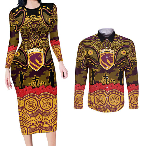 ANZAC Day Brisbane Broncos Couples Matching Long Sleeve Bodycon Dress and Long Sleeve Button Shirt Military Memorial Aboriginal Indigenous Art