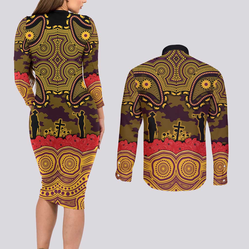 ANZAC Day Brisbane Broncos Couples Matching Long Sleeve Bodycon Dress and Long Sleeve Button Shirt Military Memorial Aboriginal Indigenous Art