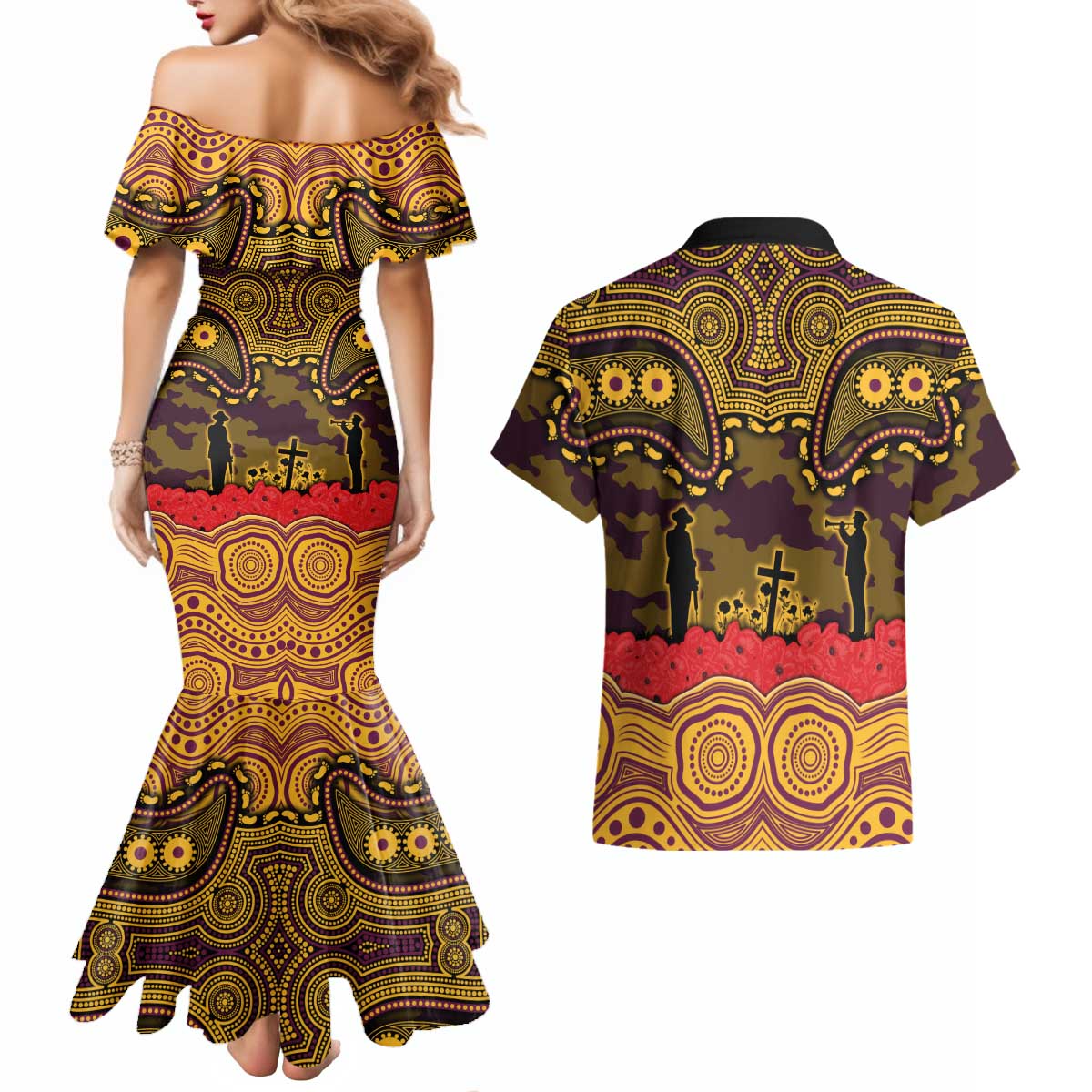 ANZAC Day Brisbane Broncos Couples Matching Mermaid Dress and Hawaiian Shirt Military Memorial Aboriginal Indigenous Art