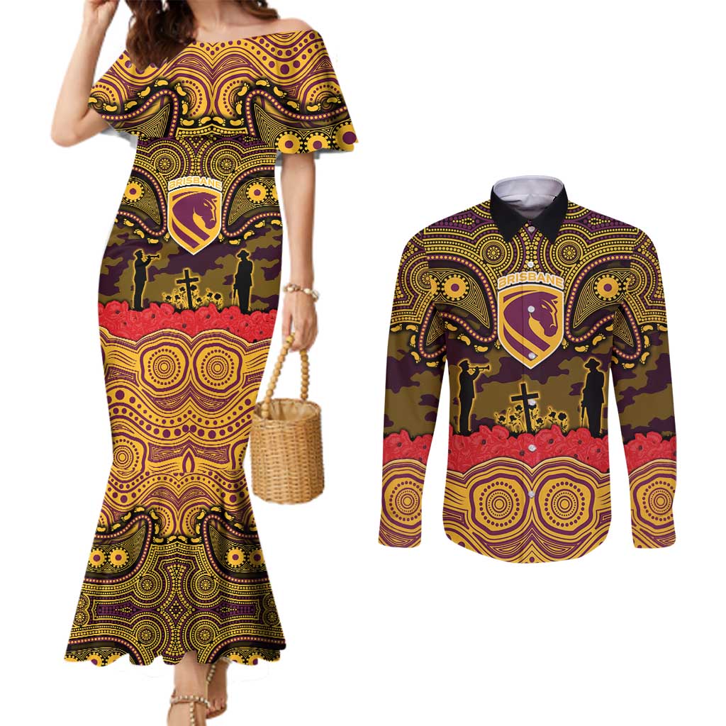 ANZAC Day Brisbane Broncos Couples Matching Mermaid Dress and Long Sleeve Button Shirt Military Memorial Aboriginal Indigenous Art