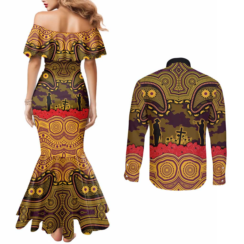 ANZAC Day Brisbane Broncos Couples Matching Mermaid Dress and Long Sleeve Button Shirt Military Memorial Aboriginal Indigenous Art