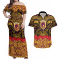 ANZAC Day Brisbane Broncos Couples Matching Off Shoulder Maxi Dress and Hawaiian Shirt Military Memorial Aboriginal Indigenous Art