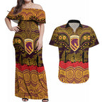 ANZAC Day Brisbane Broncos Couples Matching Off Shoulder Maxi Dress and Hawaiian Shirt Military Memorial Aboriginal Indigenous Art