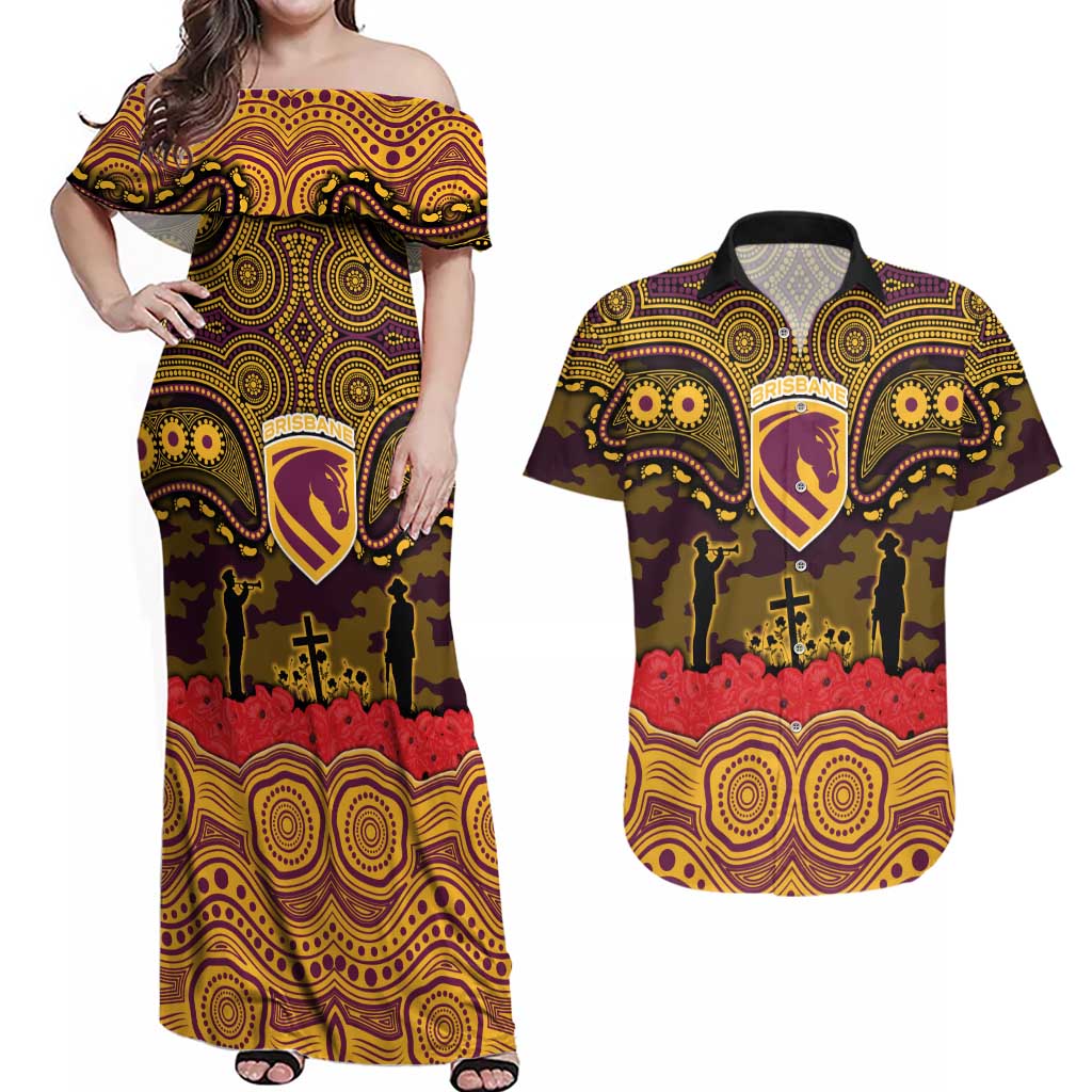 ANZAC Day Brisbane Broncos Couples Matching Off Shoulder Maxi Dress and Hawaiian Shirt Military Memorial Aboriginal Indigenous Art