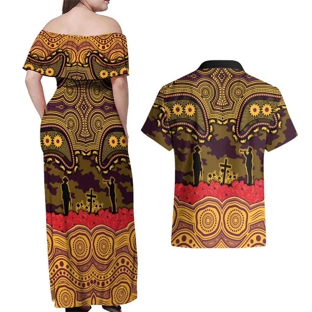 ANZAC Day Brisbane Broncos Couples Matching Off Shoulder Maxi Dress and Hawaiian Shirt Military Memorial Aboriginal Indigenous Art