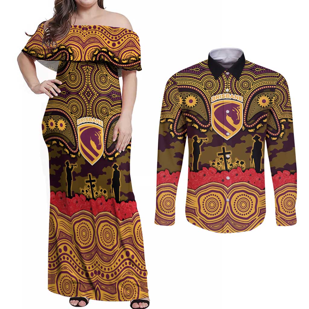 ANZAC Day Brisbane Broncos Couples Matching Off Shoulder Maxi Dress and Long Sleeve Button Shirt Military Memorial Aboriginal Indigenous Art