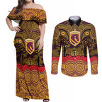 ANZAC Day Brisbane Broncos Couples Matching Off Shoulder Maxi Dress and Long Sleeve Button Shirt Military Memorial Aboriginal Indigenous Art