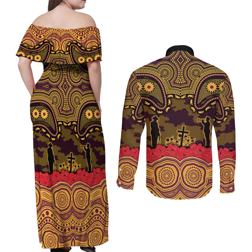 ANZAC Day Brisbane Broncos Couples Matching Off Shoulder Maxi Dress and Long Sleeve Button Shirt Military Memorial Aboriginal Indigenous Art