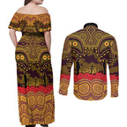 ANZAC Day Brisbane Broncos Couples Matching Off Shoulder Maxi Dress and Long Sleeve Button Shirt Military Memorial Aboriginal Indigenous Art