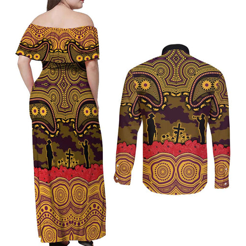 ANZAC Day Brisbane Broncos Couples Matching Off Shoulder Maxi Dress and Long Sleeve Button Shirt Military Memorial Aboriginal Indigenous Art