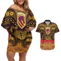 ANZAC Day Brisbane Broncos Couples Matching Off Shoulder Short Dress and Hawaiian Shirt Military Memorial Aboriginal Indigenous Art