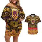 ANZAC Day Brisbane Broncos Couples Matching Off Shoulder Short Dress and Hawaiian Shirt Military Memorial Aboriginal Indigenous Art