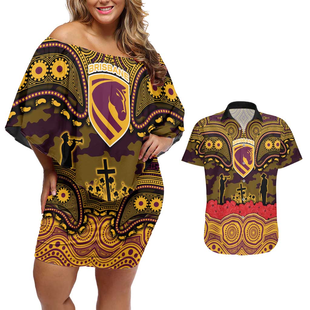 ANZAC Day Brisbane Broncos Couples Matching Off Shoulder Short Dress and Hawaiian Shirt Military Memorial Aboriginal Indigenous Art
