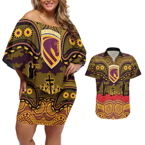ANZAC Day Brisbane Broncos Couples Matching Off Shoulder Short Dress and Hawaiian Shirt Military Memorial Aboriginal Indigenous Art