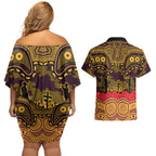 ANZAC Day Brisbane Broncos Couples Matching Off Shoulder Short Dress and Hawaiian Shirt Military Memorial Aboriginal Indigenous Art