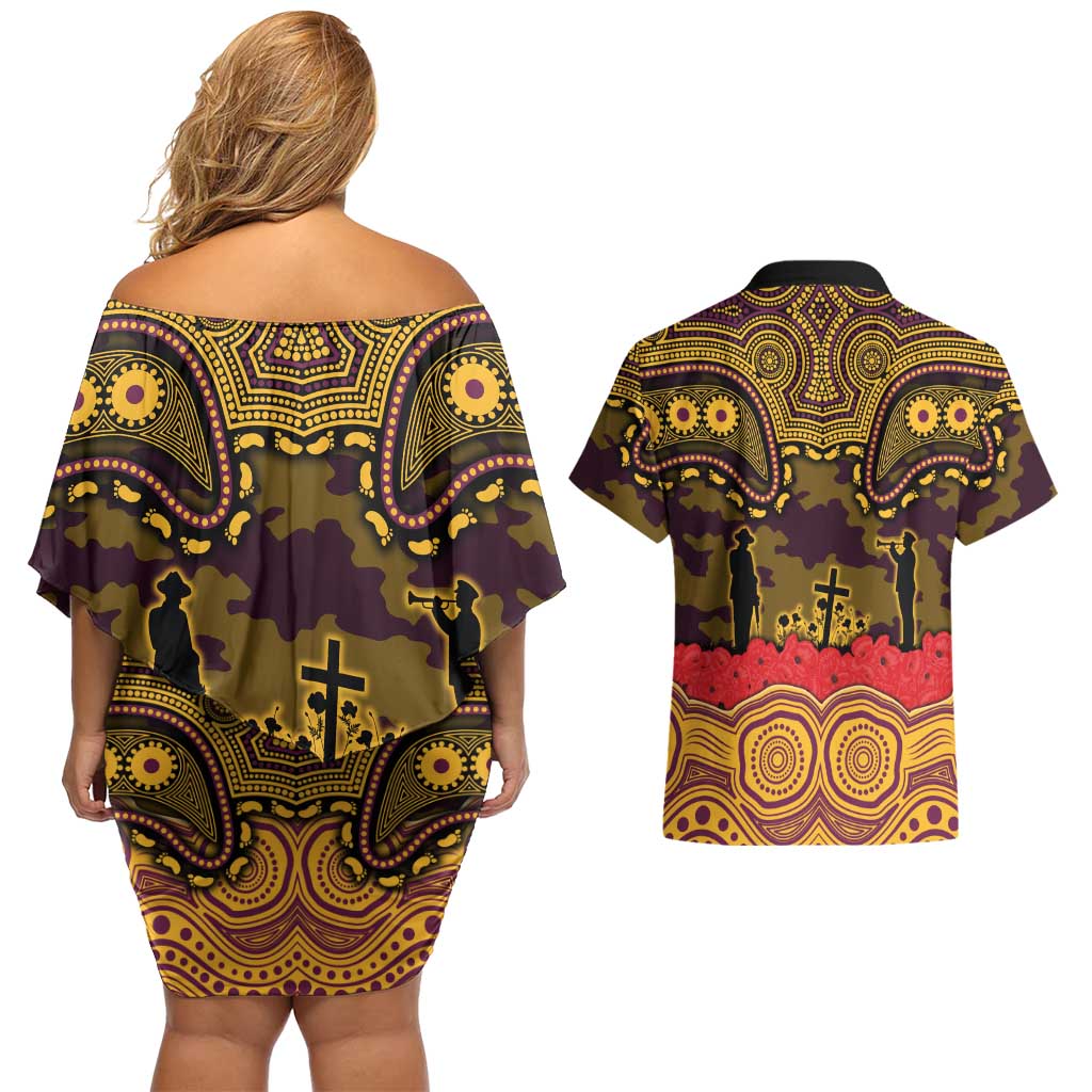 ANZAC Day Brisbane Broncos Couples Matching Off Shoulder Short Dress and Hawaiian Shirt Military Memorial Aboriginal Indigenous Art