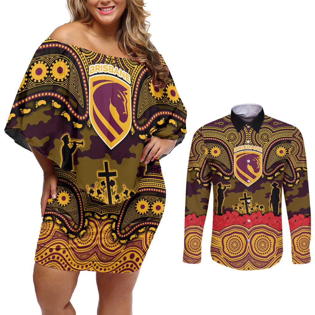 ANZAC Day Brisbane Broncos Couples Matching Off Shoulder Short Dress and Long Sleeve Button Shirt Military Memorial Aboriginal Indigenous Art