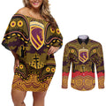 ANZAC Day Brisbane Broncos Couples Matching Off Shoulder Short Dress and Long Sleeve Button Shirt Military Memorial Aboriginal Indigenous Art
