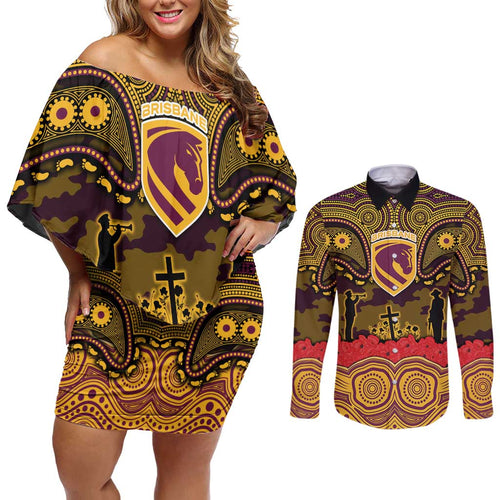 ANZAC Day Brisbane Broncos Couples Matching Off Shoulder Short Dress and Long Sleeve Button Shirt Military Memorial Aboriginal Indigenous Art