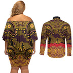 ANZAC Day Brisbane Broncos Couples Matching Off Shoulder Short Dress and Long Sleeve Button Shirt Military Memorial Aboriginal Indigenous Art