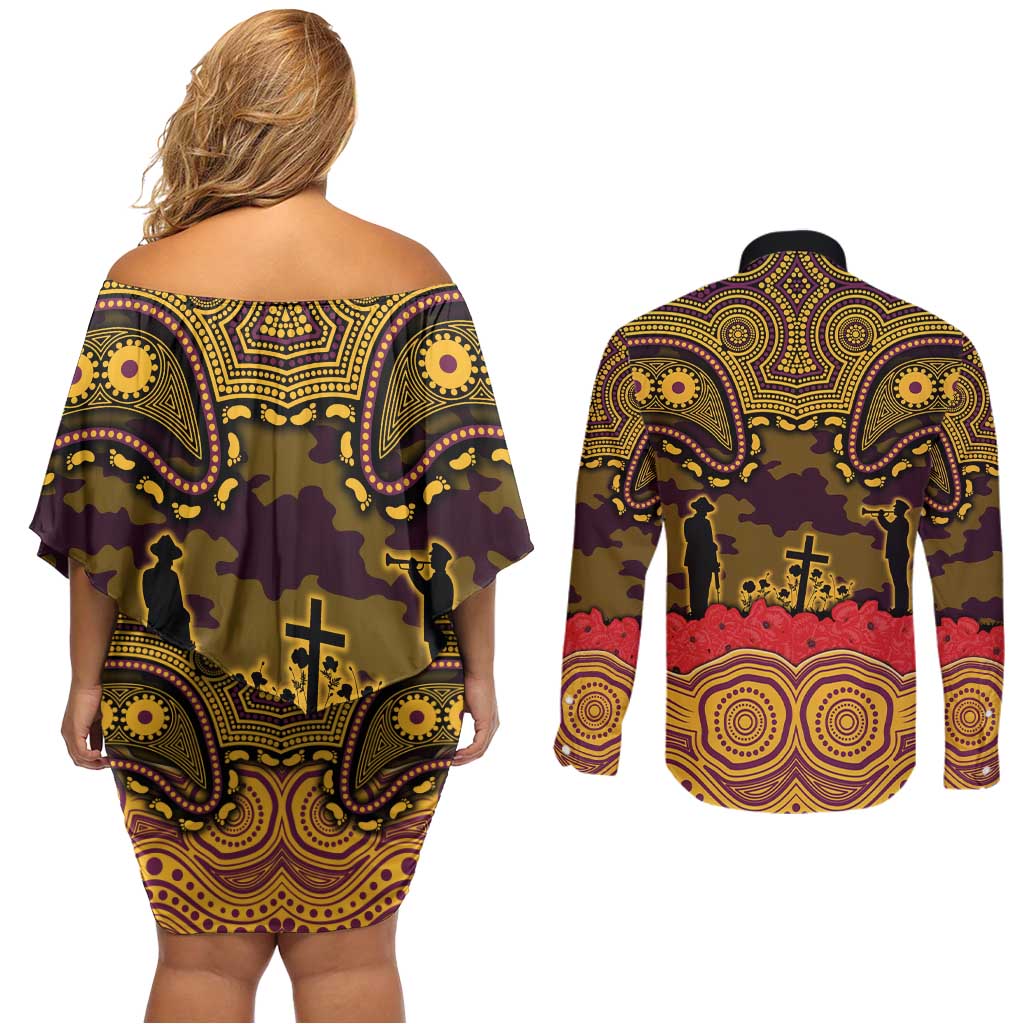 ANZAC Day Brisbane Broncos Couples Matching Off Shoulder Short Dress and Long Sleeve Button Shirt Military Memorial Aboriginal Indigenous Art