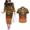ANZAC Day Brisbane Broncos Couples Matching Off The Shoulder Long Sleeve Dress and Hawaiian Shirt Military Memorial Aboriginal Indigenous Art