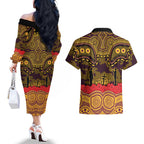 ANZAC Day Brisbane Broncos Couples Matching Off The Shoulder Long Sleeve Dress and Hawaiian Shirt Military Memorial Aboriginal Indigenous Art