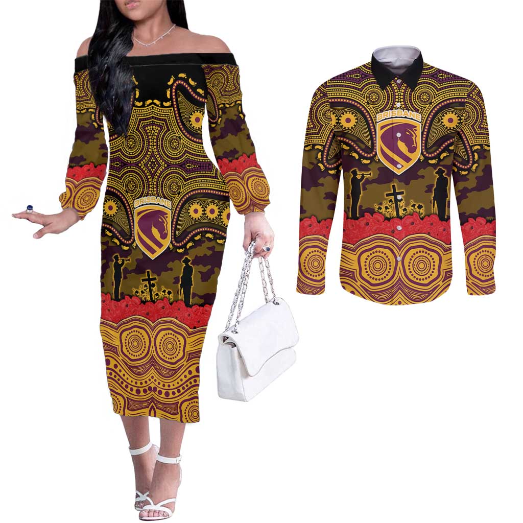 ANZAC Day Brisbane Broncos Couples Matching Off The Shoulder Long Sleeve Dress and Long Sleeve Button Shirt Military Memorial Aboriginal Indigenous Art