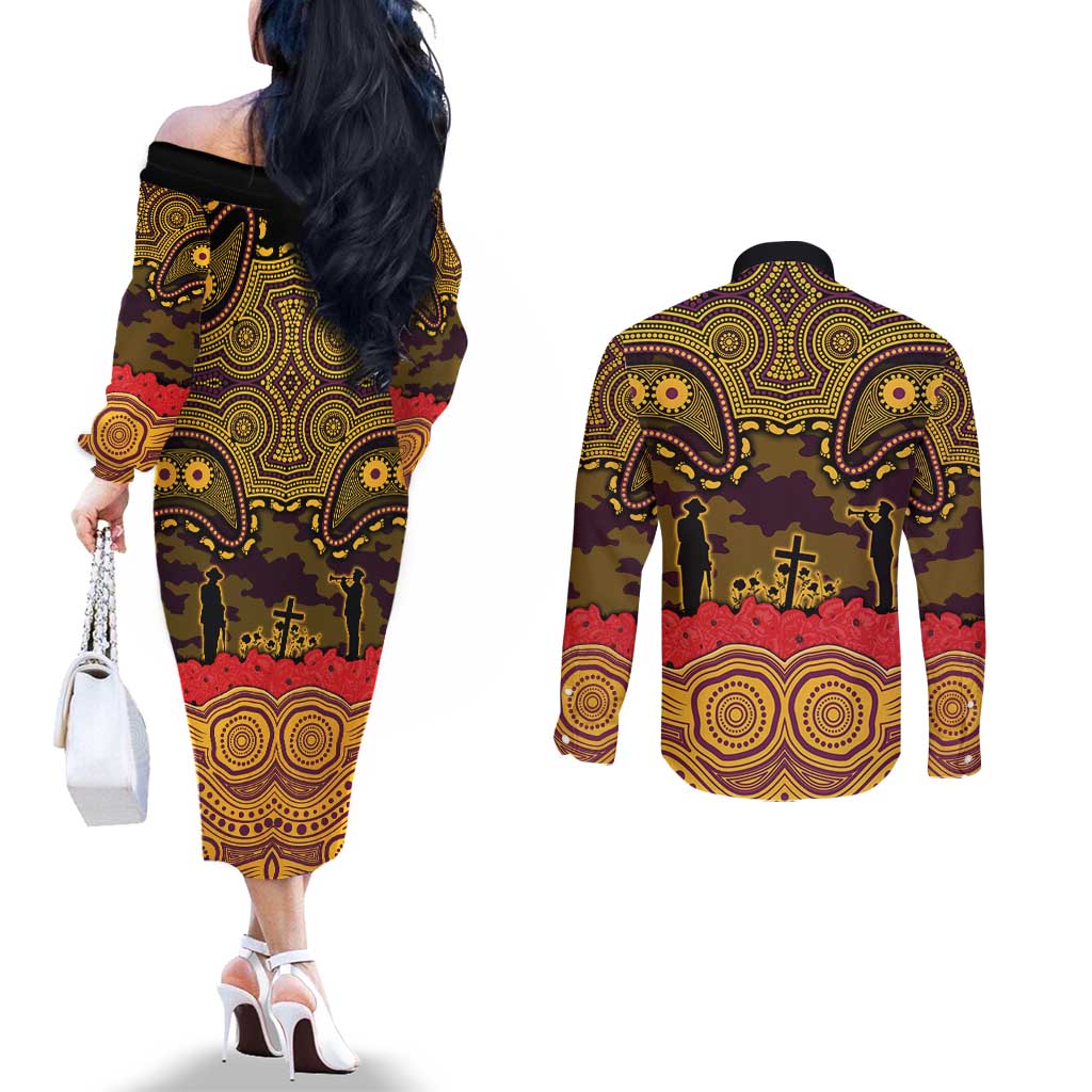 ANZAC Day Brisbane Broncos Couples Matching Off The Shoulder Long Sleeve Dress and Long Sleeve Button Shirt Military Memorial Aboriginal Indigenous Art