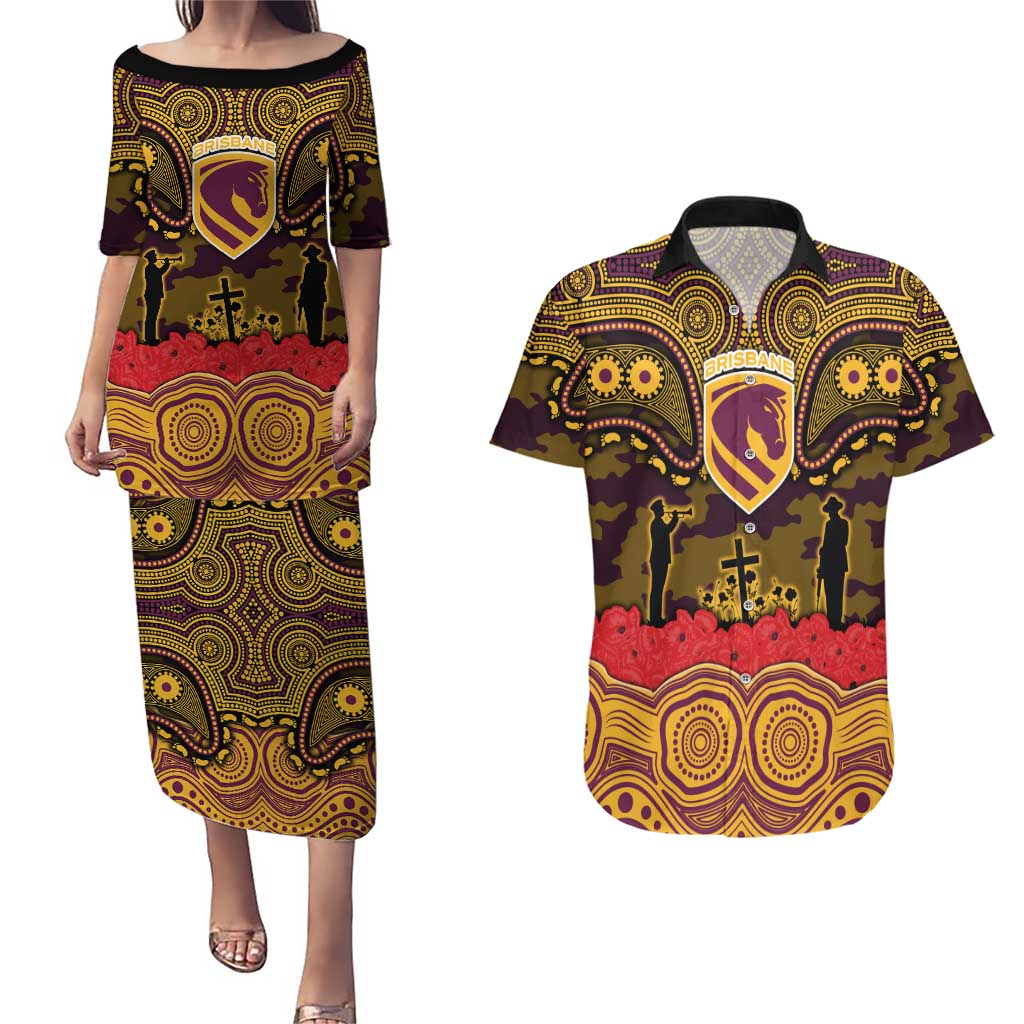 ANZAC Day Brisbane Broncos Couples Matching Puletasi and Hawaiian Shirt Military Memorial Aboriginal Indigenous Art