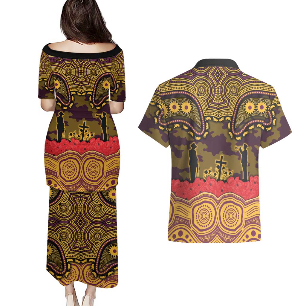 ANZAC Day Brisbane Broncos Couples Matching Puletasi and Hawaiian Shirt Military Memorial Aboriginal Indigenous Art