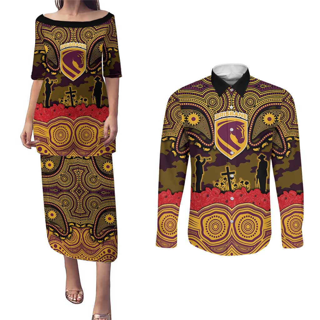 ANZAC Day Brisbane Broncos Couples Matching Puletasi and Long Sleeve Button Shirt Military Memorial Aboriginal Indigenous Art