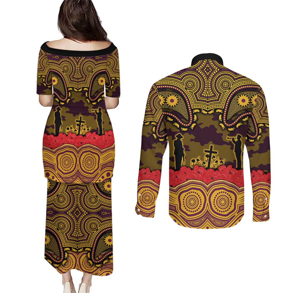 ANZAC Day Brisbane Broncos Couples Matching Puletasi and Long Sleeve Button Shirt Military Memorial Aboriginal Indigenous Art