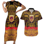 ANZAC Day Brisbane Broncos Couples Matching Short Sleeve Bodycon Dress and Hawaiian Shirt Military Memorial Aboriginal Indigenous Art