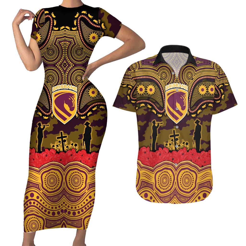 ANZAC Day Brisbane Broncos Couples Matching Short Sleeve Bodycon Dress and Hawaiian Shirt Military Memorial Aboriginal Indigenous Art