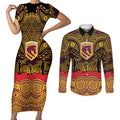ANZAC Day Brisbane Broncos Couples Matching Short Sleeve Bodycon Dress and Long Sleeve Button Shirt Military Memorial Aboriginal Indigenous Art