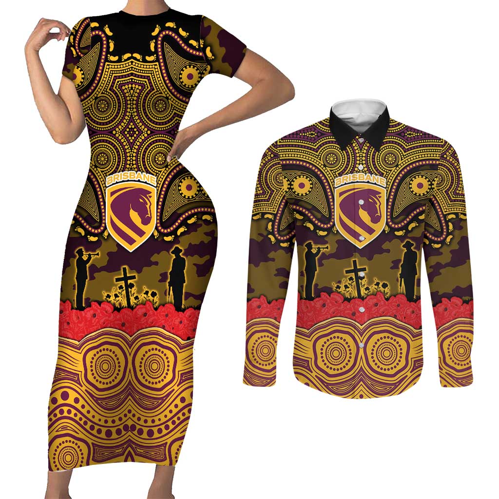 ANZAC Day Brisbane Broncos Couples Matching Short Sleeve Bodycon Dress and Long Sleeve Button Shirt Military Memorial Aboriginal Indigenous Art