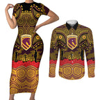 ANZAC Day Brisbane Broncos Couples Matching Short Sleeve Bodycon Dress and Long Sleeve Button Shirt Military Memorial Aboriginal Indigenous Art