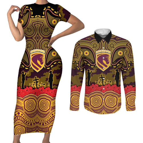 ANZAC Day Brisbane Broncos Couples Matching Short Sleeve Bodycon Dress and Long Sleeve Button Shirt Military Memorial Aboriginal Indigenous Art