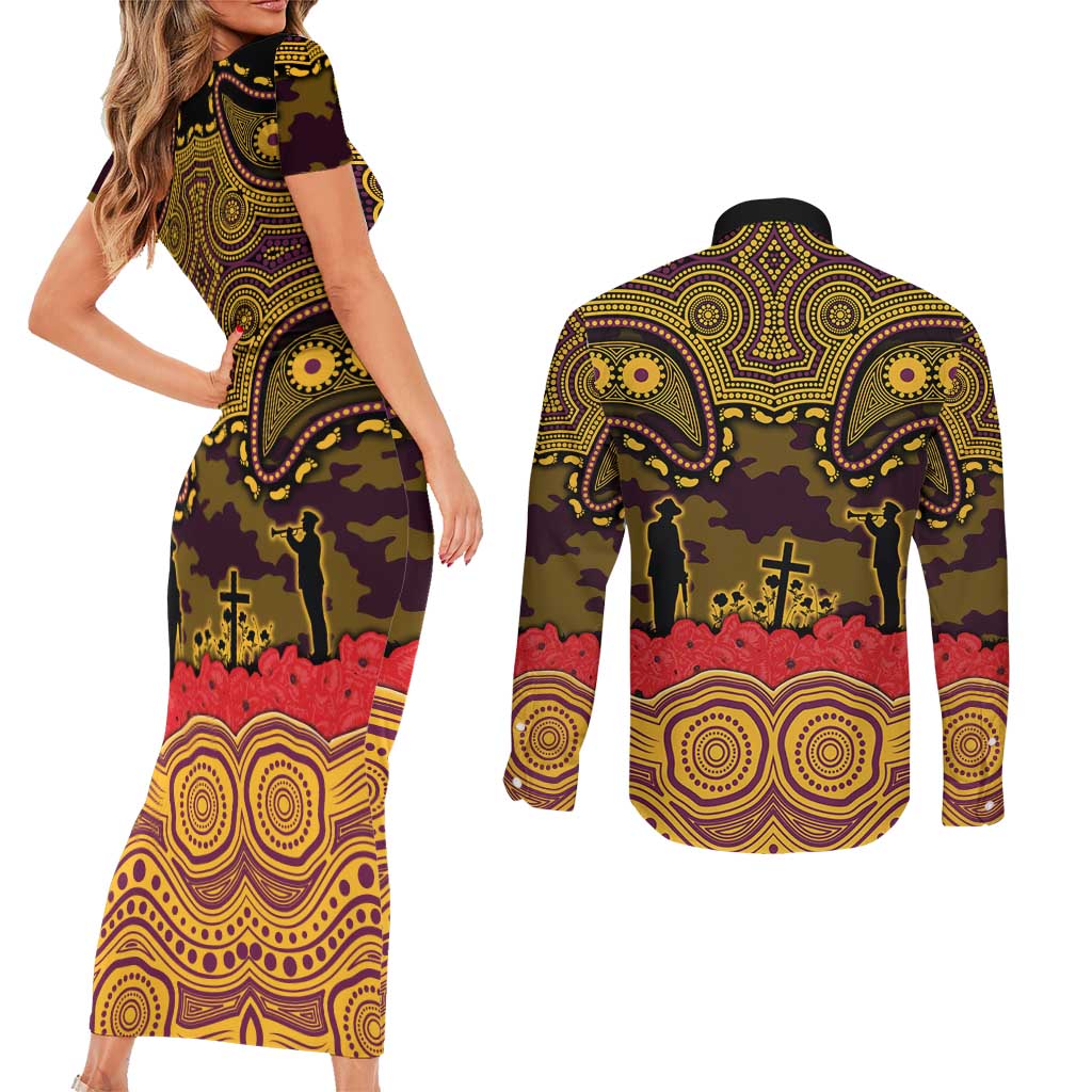 ANZAC Day Brisbane Broncos Couples Matching Short Sleeve Bodycon Dress and Long Sleeve Button Shirt Military Memorial Aboriginal Indigenous Art
