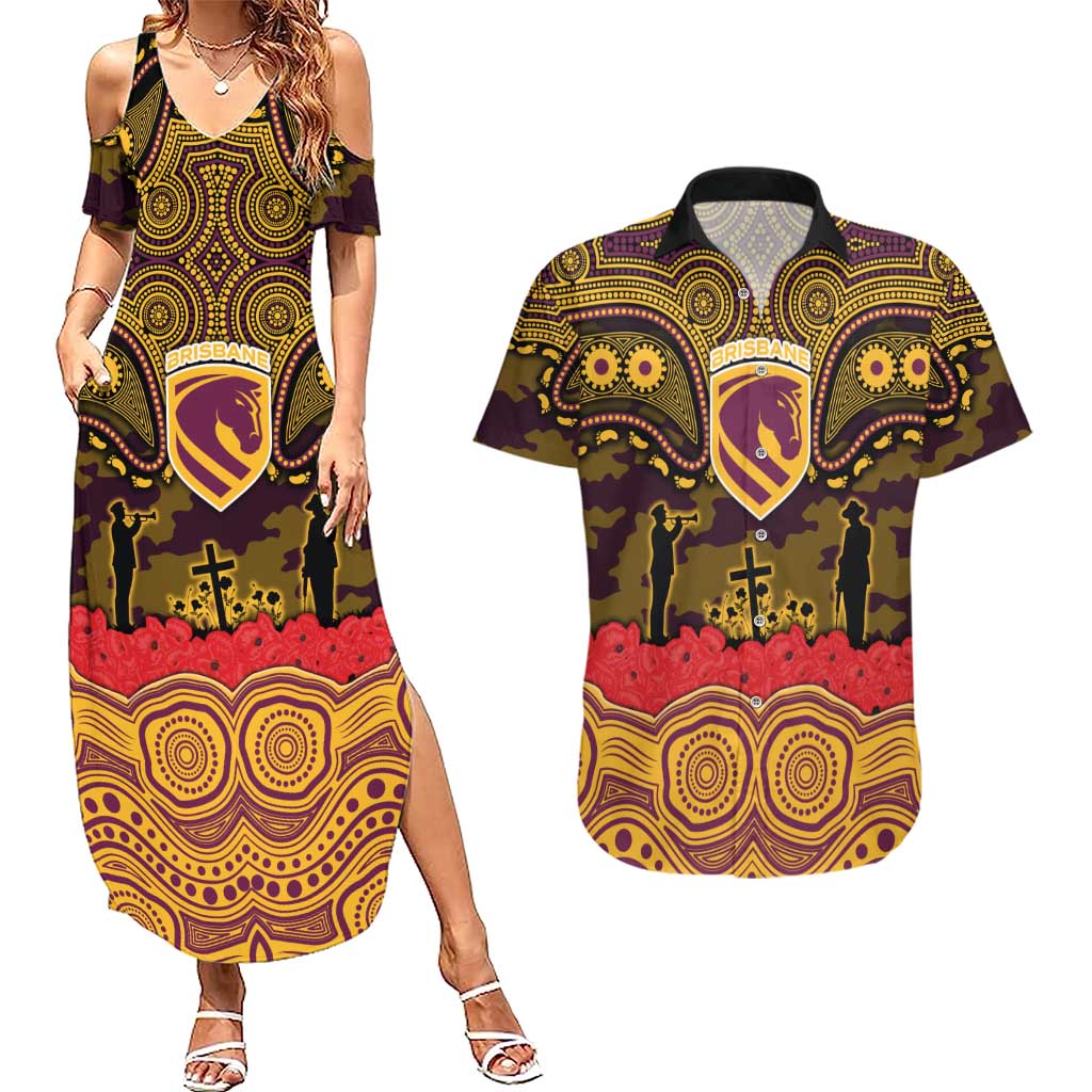 ANZAC Day Brisbane Broncos Couples Matching Summer Maxi Dress and Hawaiian Shirt Military Memorial Aboriginal Indigenous Art