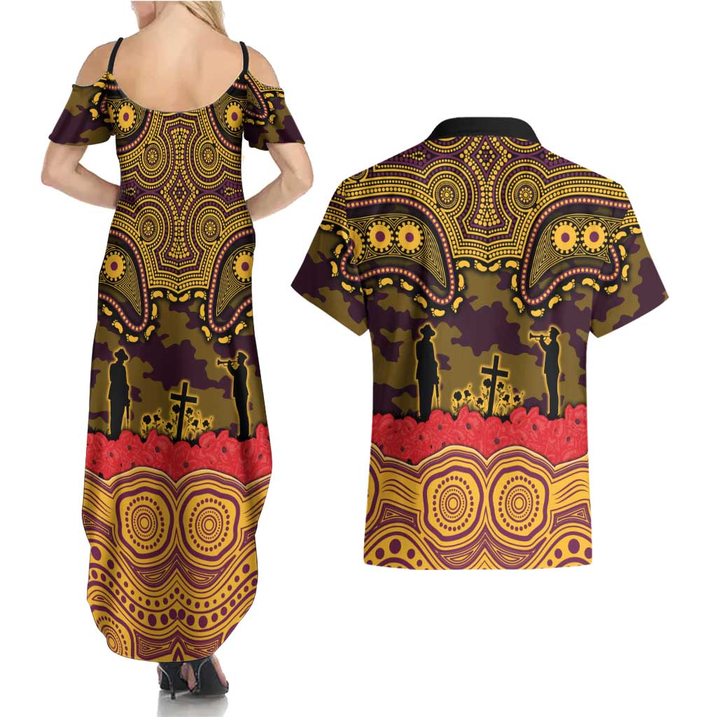 ANZAC Day Brisbane Broncos Couples Matching Summer Maxi Dress and Hawaiian Shirt Military Memorial Aboriginal Indigenous Art