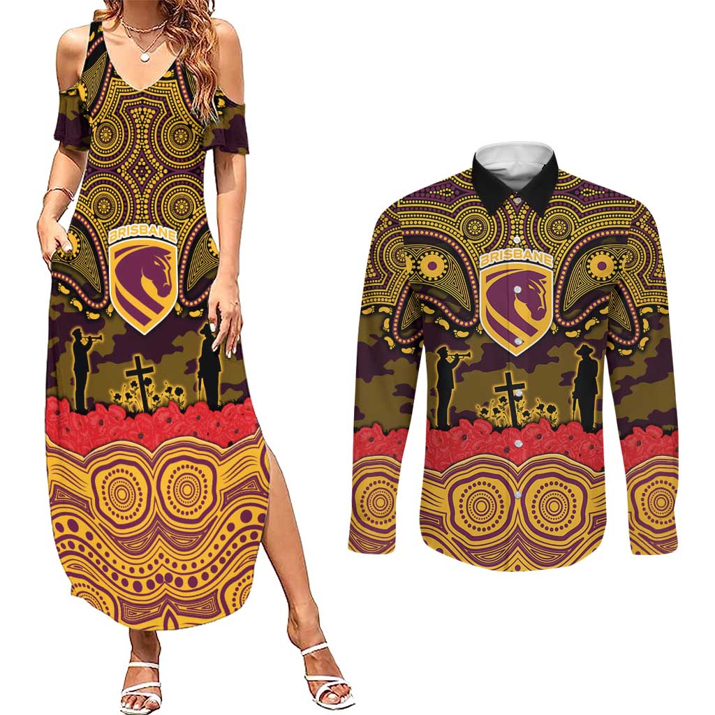 ANZAC Day Brisbane Broncos Couples Matching Summer Maxi Dress and Long Sleeve Button Shirt Military Memorial Aboriginal Indigenous Art