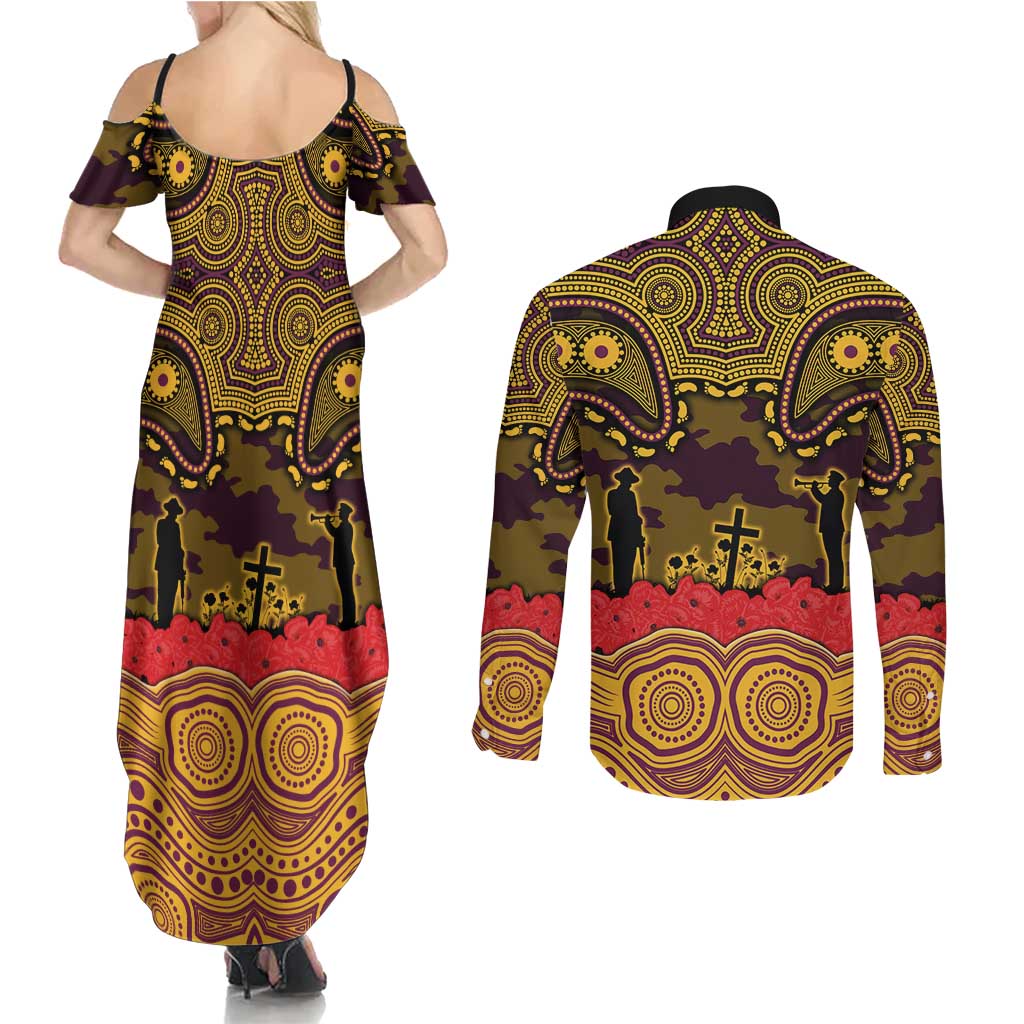 ANZAC Day Brisbane Broncos Couples Matching Summer Maxi Dress and Long Sleeve Button Shirt Military Memorial Aboriginal Indigenous Art
