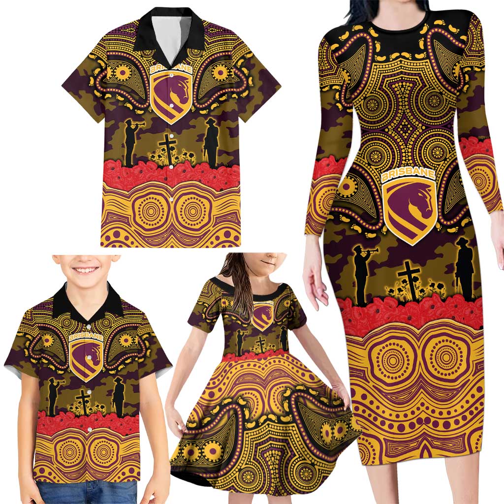 ANZAC Day Brisbane Broncos Family Matching Long Sleeve Bodycon Dress and Hawaiian Shirt Military Memorial Aboriginal Indigenous Art