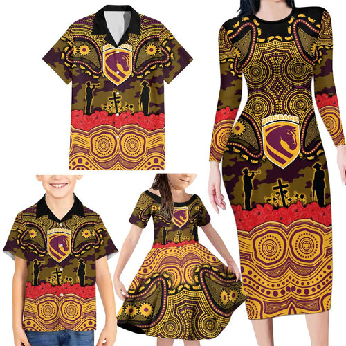 ANZAC Day Brisbane Broncos Family Matching Long Sleeve Bodycon Dress and Hawaiian Shirt Military Memorial Aboriginal Indigenous Art