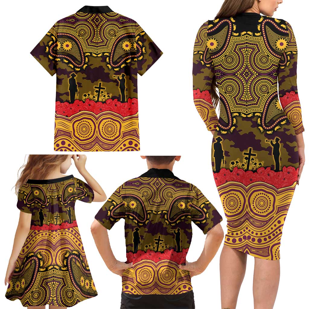 ANZAC Day Brisbane Broncos Family Matching Long Sleeve Bodycon Dress and Hawaiian Shirt Military Memorial Aboriginal Indigenous Art